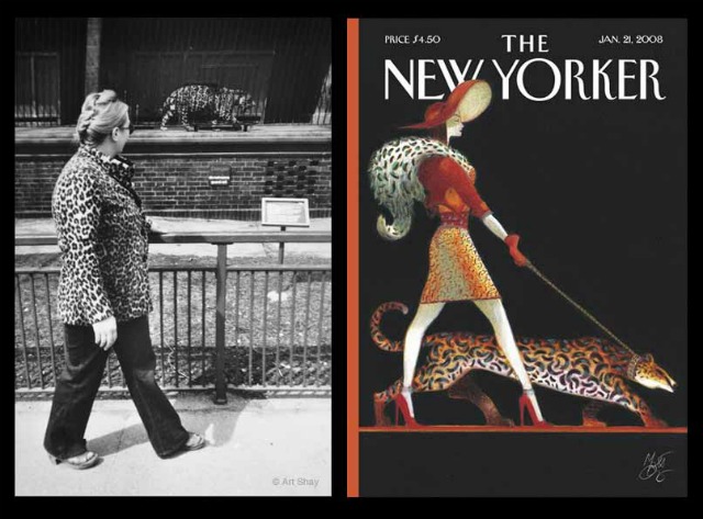 My keen-eyed archivist Erica flashed this second funny coincidence \<em\>New Yorker\<\/em\> cover at me, beside my own  2000 \<em\>Animals\<\/em\> book jacket of a woman in a faux leopard coat strolling by a real leopard in Chicago\'s Lincoln Park Zoo.  (Art Shay)\r\nThe  newer  picture has a sleeker lady,longer leopard  and adds a faux skirt and leash. (I can\'t wait for WW III to end so I can rush to Times Square  and recreate my own funny coincidence of Eisenstaedt\'s sailor kissing a girl... maybe one or the other in drag.) [Art Shay]\r\n\r\nBut still...I can\'t wait for WW3 to end so I can rush  to Times Square  and recreate my own funny coincidence of Eisenstaedt\'s sailor kissing a girl...maybe one or the other in drag...