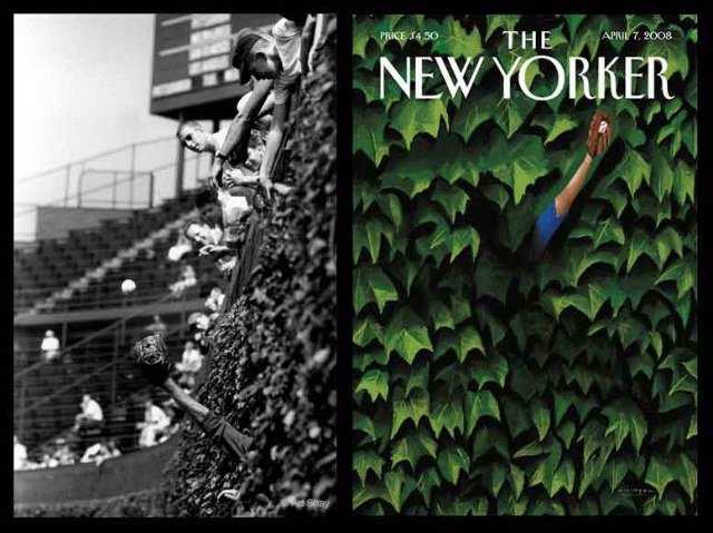 \<em\>The New Yorker\<\/em\>, of course, has a lot of fun with minor plagiarism. They run the original paragraph or phrase on the left and the \"funny coincidence\" interpolation on the indefensible right. I would do that with my 1990 \<em\>Sports Illustrated\<\/em\>  picture at Wrigley Field\'s right field wall and run the funny coincidence picture they used as a cover on April 7, 2008. (Art Shay)