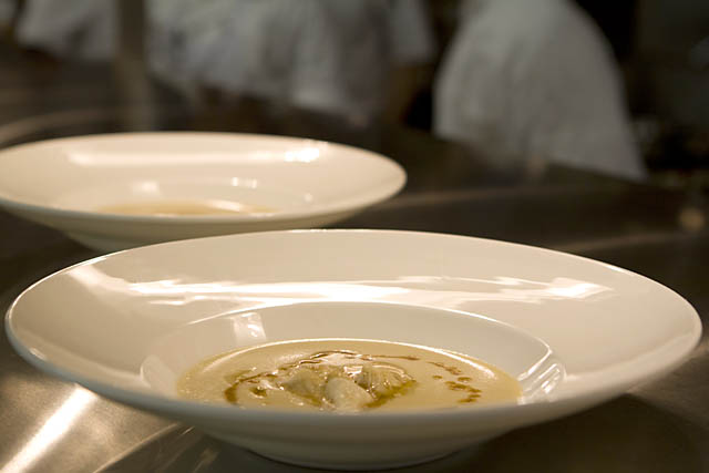 Second course, by Izard: Sweet onion soup with brown buttered crab.