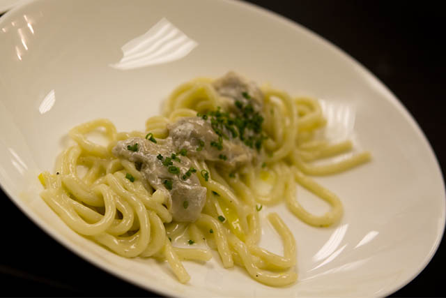 ...Spaghetti with champagne, oysters and creme fraiche.