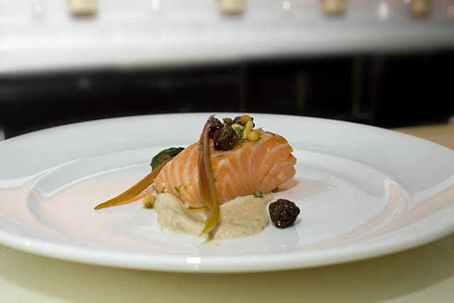 Fifth course, by Van Camp: Organic salmon with Swiss chard, saffron, pine nuts and fresh raisins.