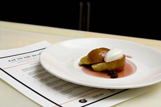 Seventh course, by Van Camp: \"Baba au rhum,\" with bachelor\'s jam and crÃ¨me chantilly. Van Camp has been preserving fruit in a 55-gallon used whiskey barrel with rum and sugar to create this dish, which will be on NellcÃ´te\'s debut dessert menu.