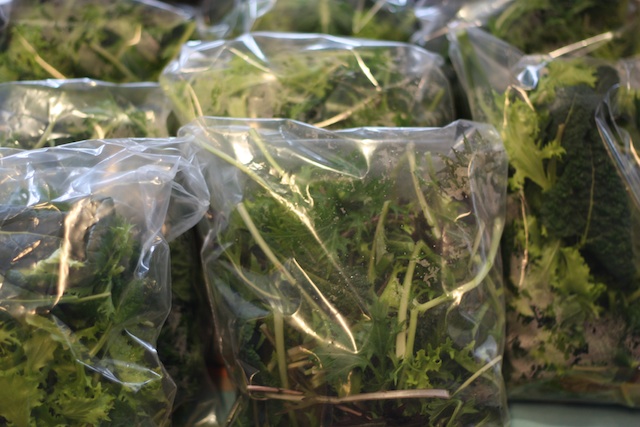 Mix of hearty greens, at $3/bag.