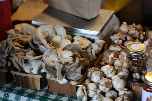 Lots of varieties of fresh mushrooms - they don\'t care that it\'s winter.