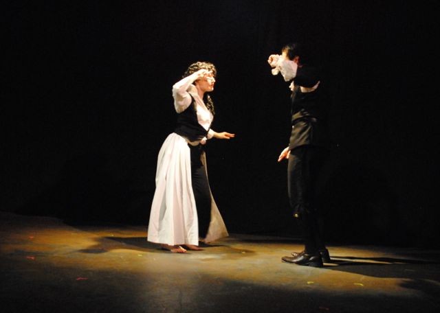 Mia and Vincent perform their little dance at Jack Rabbit Slim\'s. In the play adaptation, they mesh the twists of the film with the classical dancing of Shakespeare. Credit: Samantha Abernethy.