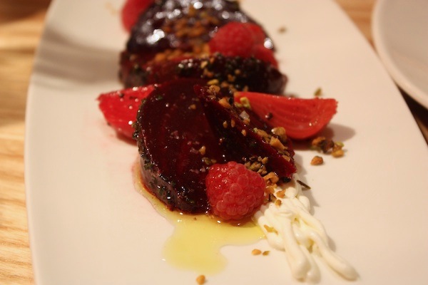 Roasted beets with raspberries, mascarpone and pistachio.