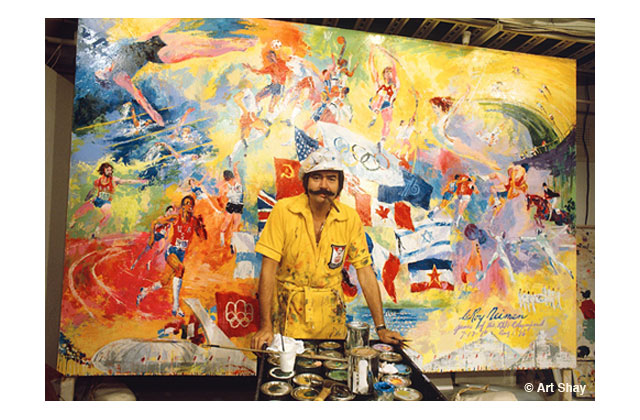 LeRoy Neiman in front of the official commissioned painting of the 1976 Summer Olympics.