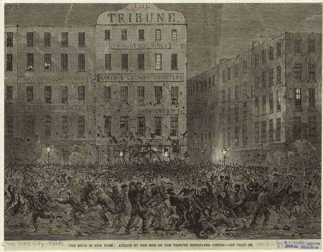 \<em\>Attack at the Tribune newspaper building (at Nassau and Spruce Streets)\<\/em\>\<br\>\<br\>New York was already a center of industry for the warâfactories made uniforms, the Brooklyn Navy Yard built warships, Wall Street financed the warâbut a drafty lottery on July 13 became a flashpoint. A crowd of 500 threw bricks at a draft locationâThird Avenue and 47th Streetâand set fire to the building. Stores were ransacked, and riots spread. Police officers were beaten, including police superintendent John Kennedy, who was only saved when someone said he was deadâhe actually had 20 wounds and over 70 bruises.\<br/\>\<br/\>\r\n\r\nBy the afternoon, blacks started to become targetsâthe Colored Orphan Asylum (Fifth Avenue between 43rd and 44th Streets) was\<a href=\"http://maap.columbia.edu/place/35.html\"\> looted and burned down\<\/a\> by thousands of angry men and women. Two hundred thirty-three orphans, who were essentially unharmed, were moved to the 35th Street Police Station, and they were luckyâmany blacks (including children) were beaten and eleven were killed, including a disabled black man who was beaten, hanged and then dragged through the mud and a seven-year-old who was caught while trying to flee a fire and beaten to death. Tenements occupied by blacks were set on fire.\<br/\>\<br/\>\r\n\r\nOver the course of the riots, mobs also attacked those who supported the Union, like Republicans or those who they believed to be Republican, and ransacked stores frequented by the wealthy, \<a href=\"http://www.nydivided.org/popup/Places/BrooksBrothers.php\"\>like Brooks Brothers\<\/a\> (which also made uniforms for NY\'s troops). They also burned down the offices of the \<em\>New York Daily Tribune\<\/em\>, which was led by pro-Republican Horace Greeley. Whites who gave shelter to blacks or tried to stop the riots were assaulted; brothels who had mixed-race clientele were also targeted.  The city\'s Board of Aldermen and Common Counsel passed a \<a href=\"http://www.nytimes.com/1863/07/15/news/the-city-council-on-exemptions.html\"\>resolution to pay $2.5 million for exemptions for workers\<\/a\>.\<br/\>\<br/\>\r\n\r\nBy the fourth day, July 16, Governor Seymore asked Archbishop John Hughes to help calm down rioters, and Hughes, Irish himself (and \<a href=\"http://eastvillage.thelocal.nytimes.com/2011/07/20/local-legends-the-draft-riots/\"\>who had published racist diatribes\<\/a\>), appealed to thousands, \"I have been hurt by the report that you were rioters. You cannot imagine that I could hear these things without being grievously pained.\" On that very day, four thousand federal troops arrived from Gettysburg and the riots ended the next day.\<br/\>\<br/\>\r\n\r\nThe \<a href=\"http://www.nydivided.org/popup/Documents/DraftRiotsViolence.php\"\>official death toll was 119\<\/a\>, but it\'s believed as many as two thousand could have been killed while thousands were injured. One result of the violence was that some blacks moved from Manhattan to Brooklyn and New Jersey. \<br/\>\<br/\>\r\n\r\n\<em\>Like what you read here? Tune in to \<a href=\"http://ad.doubleclick.net/click;h=v2|3F65|0|0|%2a|w;258415016;0-0;0;82485674;31-1|1;48718935|48716268|1;;;pc=[TPAS_ID]%3fhttp://www.bbcamerica.com/copper\" rel=\"nofollow\" onClick=\"_gaq.push([\'_trackPageview\', \'/outgoing/Copper_Riots\'])\"\>BBC America\'s \<b\>Copper\<\/b\>\<\/a\>, a gripping new crime-drama series set in 1860s New York City from Academy AwardÂ®-winner Barry Levinson and EmmyÂ® Award-winner Tom Fontana. Watch the series premiere of \<b\>Copper\<\/b\> only on BBC America. For more updates on the series, be sure to \<a href=\"https://www.facebook.com/CopperTV\" rel=\"nofollow\" onClick=\"_gaq.push([\'_trackPageview\', \'/outgoing/Copper_Riots\'])\"\>like Copper on Facebook\<\/a\> and \<a href=\"https://twitter.com/#!/coppertv\" rel=\"nofollow\" onClick=\"_gaq.push([\'_trackPageview\', \'/outgoing/Copper_Riots\'])\"\>follow Copper on Twitter\<\/a\>.\<\/em\>\<br\>\<br\>\<iframe width=\"640\" height=\"360\" src=\"http://www.youtube.com/embed/9wUOZ0pXv4k?rel=0\" frameborder=\"0\" allowfullscreen\>\<\/iframe\>\<\/i\>\<br/\>\<br\>\<span class=\"photo_caption\"\>Image courtesy of the New York Public Library\<\/span\>