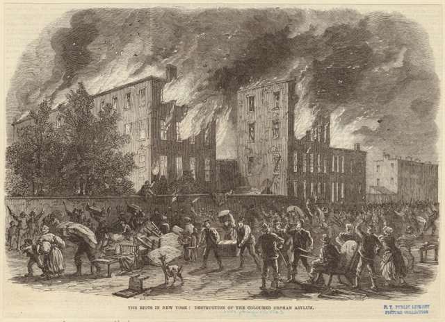 \<em\>The burning of the Colored Orphan Asylum\<\/em\>\<br/\>\<br/\>New York was already a center of industry for the warâfactories made uniforms, the Brooklyn Navy Yard built warships, Wall Street financed the warâbut a drafty lottery on July 13 became a flashpoint. A crowd of 500 threw bricks at a draft locationâThird Avenue and 47th Streetâand set fire to the building. Stores were ransacked, and riots spread. Police officers were beaten, including police superintendent John Kennedy, who was only saved when someone said he was deadâhe actually had 20 wounds and over 70 bruises.\<br/\>\<br/\>\r\n\r\nBy the afternoon, blacks started to become targetsâthe Colored Orphan Asylum (Fifth Avenue between 43rd and 44th Streets) was\<a href=\"http://maap.columbia.edu/place/35.html\"\> looted and burned down\<\/a\> by thousands of angry men and women. Two hundred thirty-three orphans, who were essentially unharmed, were moved to the 35th Street Police Station, and they were luckyâmany blacks (including children) were beaten and eleven were killed, including a disabled black man who was beaten, hanged and then dragged through the mud and a seven-year-old who was caught while trying to flee a fire and beaten to death. Tenements occupied by blacks were set on fire.\<br/\>\<br/\>\r\n\r\nOver the course of the riots, mobs also attacked those who supported the Union, like Republicans or those who they believed to be Republican, and ransacked stores frequented by the wealthy, \<a href=\"http://www.nydivided.org/popup/Places/BrooksBrothers.php\"\>like Brooks Brothers\<\/a\> (which also made uniforms for NY\'s troops). They also burned down the offices of the \<em\>New York Daily Tribune\<\/em\>, which was led by pro-Republican Horace Greeley. Whites who gave shelter to blacks or tried to stop the riots were assaulted; brothels who had mixed-race clientele were also targeted.  The city\'s Board of Aldermen and Common Counsel passed a \<a href=\"http://www.nytimes.com/1863/07/15/news/the-city-council-on-exemptions.html\"\>resolution to pay $2.5 million for exemptions for workers\<\/a\>.\<br/\>\<br/\>\r\n\r\nBy the fourth day, July 16, Governor Seymore asked Archbishop John Hughes to help calm down rioters, and Hughes, Irish himself (and \<a href=\"http://eastvillage.thelocal.nytimes.com/2011/07/20/local-legends-the-draft-riots/\"\>who had published racist diatribes\<\/a\>), appealed to thousands, \"I have been hurt by the report that you were rioters. You cannot imagine that I could hear these things without being grievously pained.\" On that very day, four thousand federal troops arrived from Gettysburg and the riots ended the next day.\<br/\>\<br/\>\r\n\r\nThe \<a href=\"http://www.nydivided.org/popup/Documents/DraftRiotsViolence.php\"\>official death toll was 119\<\/a\>, but it\'s believed as many as two thousand could have been killed while thousands were injured. One result of the violence was that some blacks moved from Manhattan to Brooklyn and New Jersey. \<br/\>\<br/\>\r\n\r\n\<em\>Like what you read here? Tune in to \<a href=\"http://ad.doubleclick.net/click;h=v2|3F65|0|0|%2a|w;258415016;0-0;0;82485674;31-1|1;48718935|48716268|1;;;pc=[TPAS_ID]%3fhttp://www.bbcamerica.com/copper\" rel=\"nofollow\" onClick=\"_gaq.push([\'_trackPageview\', \'/outgoing/Copper_Riots\'])\"\>BBC America\'s \<b\>Copper\<\/b\>\<\/a\>, a gripping new crime-drama series set in 1860s New York City from Academy AwardÂ®-winner Barry Levinson and EmmyÂ® Award-winner Tom Fontana. Watch the series premiere of \<b\>Copper\<\/b\> only on BBC America. For more updates on the series, be sure to \<a href=\"https://www.facebook.com/CopperTV\" rel=\"nofollow\" onClick=\"_gaq.push([\'_trackPageview\', \'/outgoing/Copper_Riots\'])\"\>like Copper on Facebook\<\/a\> and \<a href=\"https://twitter.com/#!/coppertv\" rel=\"nofollow\" onClick=\"_gaq.push([\'_trackPageview\', \'/outgoing/Copper_Riots\'])\"\>follow Copper on Twitter\<\/a\>.\<\/em\>\<br\>\<br\>\<iframe width=\"640\" height=\"360\" src=\"http://www.youtube.com/embed/9wUOZ0pXv4k?rel=0\" frameborder=\"0\" allowfullscreen\>\<\/iframe\>\<\/i\>\<br/\>\<br\>\<span class=\"photo_caption\"\>Image courtesy of the New York Public Library\<\/a\>\<\/span\>