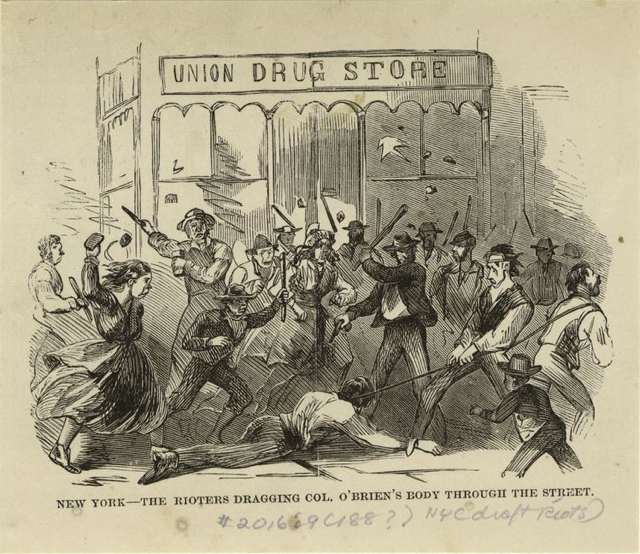 \<em\>\"The rioters dragging Col. O\'Brien\'s body through the street.\" O\'Brien, who commanded the 11th Regiment of NY Volunteers, was brutally beaten and kicked and dragged through the streets at 34th and Second Avenue\<\/em\>\<br\>\<br\>New York was already a center of industry for the warâfactories made uniforms, the Brooklyn Navy Yard built warships, Wall Street financed the warâbut a drafty lottery on July 13 became a flashpoint. A crowd of 500 threw bricks at a draft locationâThird Avenue and 47th Streetâand set fire to the building. Stores were ransacked, and riots spread. Police officers were beaten, including police superintendent John Kennedy, who was only saved when someone said he was deadâhe actually had 20 wounds and over 70 bruises.\<br/\>\<br/\>\r\n\r\nBy the afternoon, blacks started to become targetsâthe Colored Orphan Asylum (Fifth Avenue between 43rd and 44th Streets) was\<a href=\"http://maap.columbia.edu/place/35.html\"\> looted and burned down\<\/a\> by thousands of angry men and women. Two hundred thirty-three orphans, who were essentially unharmed, were moved to the 35th Street Police Station, and they were luckyâmany blacks (including children) were beaten and eleven were killed, including a disabled black man who was beaten, hanged and then dragged through the mud and a seven-year-old who was caught while trying to flee a fire and beaten to death. Tenements occupied by blacks were set on fire.\<br/\>\<br/\>\r\n\r\nOver the course of the riots, mobs also attacked those who supported the Union, like Republicans or those who they believed to be Republican, and ransacked stores frequented by the wealthy, \<a href=\"http://www.nydivided.org/popup/Places/BrooksBrothers.php\"\>like Brooks Brothers\<\/a\> (which also made uniforms for NY\'s troops). They also burned down the offices of the \<em\>New York Daily Tribune\<\/em\>, which was led by pro-Republican Horace Greeley. Whites who gave shelter to blacks or tried to stop the riots were assaulted; brothels who had mixed-race clientele were also targeted.  The city\'s Board of Aldermen and Common Counsel passed a \<a href=\"http://www.nytimes.com/1863/07/15/news/the-city-council-on-exemptions.html\"\>resolution to pay $2.5 million for exemptions for workers\<\/a\>.\<br/\>\<br/\>\r\n\r\nBy the fourth day, July 16, Governor Seymore asked Archbishop John Hughes to help calm down rioters, and Hughes, Irish himself (and \<a href=\"http://eastvillage.thelocal.nytimes.com/2011/07/20/local-legends-the-draft-riots/\"\>who had published racist diatribes\<\/a\>), appealed to thousands, \"I have been hurt by the report that you were rioters. You cannot imagine that I could hear these things without being grievously pained.\" On that very day, four thousand federal troops arrived from Gettysburg and the riots ended the next day.\<br/\>\<br/\>\r\n\r\nThe \<a href=\"http://www.nydivided.org/popup/Documents/DraftRiotsViolence.php\"\>official death toll was 119\<\/a\>, but it\'s believed as many as two thousand could have been killed while thousands were injured. One result of the violence was that some blacks moved from Manhattan to Brooklyn and New Jersey. \<br/\>\<br/\>\r\n\r\n\<em\>Like what you read here? Tune in to \<a href=\"http://ad.doubleclick.net/click;h=v2|3F65|0|0|%2a|w;258415016;0-0;0;82485674;31-1|1;48718935|48716268|1;;;pc=[TPAS_ID]%3fhttp://www.bbcamerica.com/copper\" rel=\"nofollow\" onClick=\"_gaq.push([\'_trackPageview\', \'/outgoing/Copper_Riots\'])\"\>BBC America\'s \<b\>Copper\<\/b\>\<\/a\>, a gripping new crime-drama series set in 1860s New York City from Academy AwardÂ®-winner Barry Levinson and EmmyÂ® Award-winner Tom Fontana. Watch the series premiere of \<b\>Copper\<\/b\> only on BBC America. For more updates on the series, be sure to \<a href=\"https://www.facebook.com/CopperTV\" rel=\"nofollow\" onClick=\"_gaq.push([\'_trackPageview\', \'/outgoing/Copper_Riots\'])\"\>like Copper on Facebook\<\/a\> and \<a href=\"https://twitter.com/#!/coppertv\" rel=\"nofollow\" onClick=\"_gaq.push([\'_trackPageview\', \'/outgoing/Copper_Riots\'])\"\>follow Copper on Twitter\<\/a\>.\<\/em\>\<br\>\<br\>\<iframe width=\"640\" height=\"360\" src=\"http://www.youtube.com/embed/9wUOZ0pXv4k?rel=0\" frameborder=\"0\" allowfullscreen\>\<\/iframe\>\<\/i\>\<br/\>\<br\>\<span class=\"photo_caption\"\>Image courtesy of the New York Public Library\<\/span\>