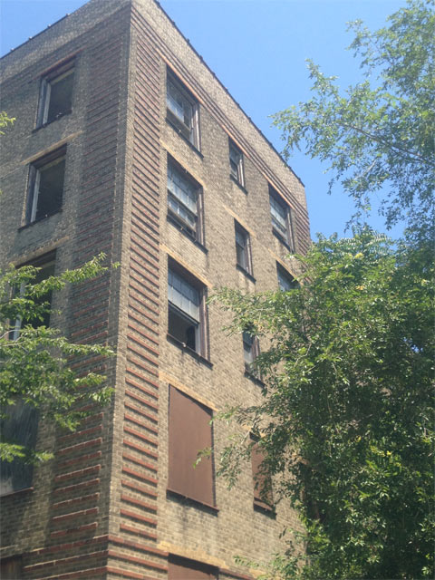 One of the eight buildings in the Rosenwald Apartments bloc, showing signs of disrepair.