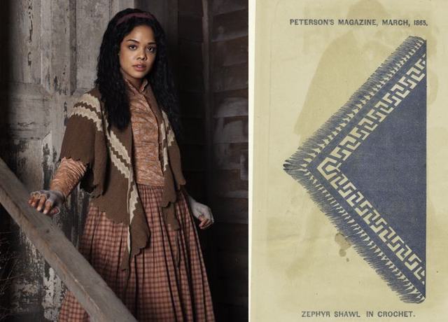While women of lower classes didn\'t have elaborate wardrobes, they still prided themselves on following the styles. Sara Freeman (Tessa Thompson) wears less voluminous dress than an upper-class lady would and she does wear a pair of mitts on her handsâ they were \<a href=\"http://blog.fidmmuseum.org/museum/2012/03/lace-mitts.html\"\>an important accessory for women\<\/a\> throughout the 19th centuryâas well as a shawl. \<br/\>\<br/\>\<em\>Don\'t miss a stitch of the subterfuge: Watch \<a href=\"http://ad.doubleclick.net/click;h=v2|3F95|0|0|%2a|g;260186108;0-0;0;82485715;31-1|1;48718935|48716268|1;;;pc=[TPAS_ID]%3fhttp://www.bbcamerica.com/copper?utm_source=Gothamist&utm_medium=banner&utm_campaign=copper\" rel=\"nofollow\" onClick=\"_gaq.push([\'_trackPageview\', \'/outgoing/Copper_fashion\'])\"\>BBC America\'s\<b\> COPPER\<\/b\>\<\/a\> when it premieres on Sunday, August 19th, at 10/c.  Only from Academy AwardÂ®-winner Barry Levinson and EmmyÂ® Award-winner Tom Fontana and only on BBC America.\<\/em\>\<br\>\<br\>\r\n\r\n\<iframe width=\"640\" height=\"360\" src=\"http://www.youtube.com/embed/5C1WfSzOpm8\" frameborder=\"0\" allowfullscreen\>\<\/iframe\>\<\/i\>\<img src=\"http://secure-us.imrworldwide.com/cgi-bin/m?ci=ade2011-ca&at=view&rt=banner&st=image&ca=copper&cr=site&pc=watcheffect&ce=siteservedtag&rnd=[timestamp]\" /\>