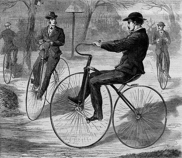 \<br\>\<strong\>BICYCLING \<\/strong\> was starting to become more widespread.  While early versions were built in the \<a href=http://en.wikipedia.org/wiki/Bicycle#History\"\>first half of the 19th century\<\/a\>, two Frenchmen added mechanical crank pedals and the \"velocipede\" was born.  Made entirely of either wood or metal (including the tires), these were also called \"boneshakers\" and one of the recommended manufacturers was Mercer and Monod (54 William Street).  \<br/\>\<br/\>An 1869 book said of M&M velocipede, \"The steering post is inclined backward which bring the handle within easy reach of the body, and the whole machine under perfect control; and gives it a particularly rakish and natty appearance upon the roadâ¦ The defect of this machine is its weight, which is about seventy poundsâ¦ A good rider on this machine can obtain a speed of ten or twelve miles an hour.\"  \r\n\<br/\>\<br/\>Of course, this was a luxury for those who could afford the $100-150 machine (around $1600-2400 today!).  With velocipedes hitting the streets, schools were opening to educate riders. A Scientific American reporter visited a facility 928 Broadway where, \"on any week-day evening,\" \"upward of a hundred and fifty gentlemenâdoctors, bankers, merchants and representatives from almost every professionâengaged in this training school preparatoryâ¦. We frequently drop into the \<em\>Velocinasium\<\/em\> to witness the novel amusement which the exhibition always affords.  [T]wo well-known stock brokers, jaded by the excitement of Wall Street, with their coats off and faces burning with zeal, gyrating around the room in the most eccentric manner.\"\<br/\> \<br/\>\<em\>19th century New York\'s elite and underbelly await you in \<a href=\"http://ad.doubleclick.net/click;h=v2|3F95|0|0|%2a|t;260186108;0-0;0;82485700;31-1|1;48718935|48716268|1;;;pc=[TPAS_ID]%3fhttp://www.bbcamerica.com/copper?utm_source=Gothamist&utm_medium=banner&utm_campaign=copper\" rel=\"nofollow\" onClick=\"_gaq.push([\'_trackPageview\', \'/outgoing/Copper_150Years\'])\"\>BBC America\'s \<b\>COPPER\<\/b\>\<\/a\>. Watch the premiere of the riveting new series from Academy AwardÂ®-winner Barry Levinson and EmmyÂ® Award-winner Tom Fontana on Sunday, August 19, at 10/9c, only on BBC America. For more updates on the series, be sure to \<a href=\"https://www.facebook.com/CopperTV\" rel=\"nofollow\" onClick=\"_gaq.push([\'_trackPageview\', \'/outgoing/Copper_150Years\'])\"\>like \<b\>COPPER\<\/b\> on Facebook\<\/a\> and \<a href=\"https://twitter.com/#!/coppertv\" rel=\"nofollow\" onClick=\"_gaq.push([\'_trackPageview\', \'/outgoing/Copper_150Years\'])\"\>follow \<b\>COPPER\<\/b\> on Twitter\<\/a\>.\<\/em\>\<br/\>\<br/\>\<iframe width=\"640\" height=\"360\" src=\"http://www.youtube.com/embed/5C1WfSzOpm8\" frameborder=\"0\" allowfullscreen\>\<\/iframe\>\<\/i\>\<img src=\"http://secure-us.imrworldwide.com/cgi-bin/m?ci=ade2011-ca&at=view&rt=banner&st=image&ca=copper&cr=site&pc=watcheffect&ce=siteservedtag&rnd=[timestamp]\" /\>