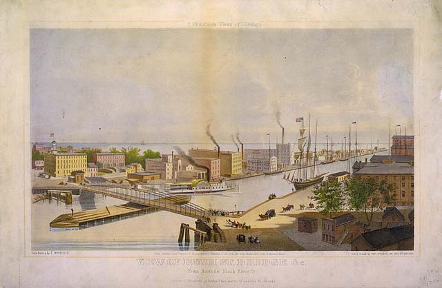 Helping Chicagoans to cross the river from the Downtown Loop since 1857, there have been no less than four bridges emerging from Rush Street since the mid 19th century. The first, a swing bridge built in 1857. This first drawing of the bridge, a view form Norton\'s Block River St. circa 1861, shows the proliferation of industry in Chicago.\<br/\>\<br/\>The bridge had a short lifeÂ â not because of the Chicago Fire in 1871, but because of the steam whistle of a passing ship: In 1863 a herd of cattle was crossing the bridge (this is the 19th century, remember) when said barge let out a high-pitched whistle, spooking the bovines into a mad stampede. They smashed through the bridge structure and fell into the river. \<br\>\<br/\>\r\n(above 1861 image via Library of Congress; below 1863 image via Harper\'s Weekly)\r\n\<img src=\"http://chicagoist.com/upload/2012/08/2012_08_rush1.jpg\"\>\<img src=\"http://secure-us.imrworldwide.com/cgi-bin/m?ci=ade2011-ca&at=view&rt=banner&st=image&ca=copper&cr=site&pc=watcheffect&ce=siteservedtag&rnd=[timestamp]\" /\>\<img src=\"http://ad.doubleclick.net/imp;v1;f;260186108;0-0;0;84274302;1|1;48718935|48716268|1;;cs=l;pc=[TPAS_ID];%3fhttp://ad.doubleclick.net/dot.gif?[timestamp]\"\>