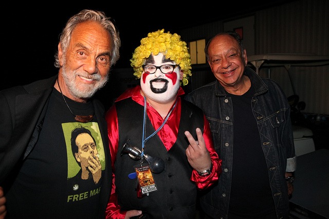 Cheech and Chong pose with Upchuck the Clown. Photos from The 2012 Gathering of the Juggalos in Cave-In-Rock, IL by \<a href=\"http://www.flickr.com/photos/jimkiernan/\"\>Jim Kiernan\<\/a\>