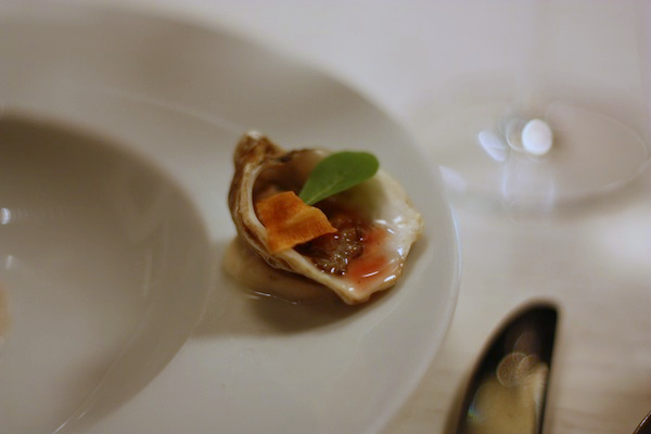 Oysters, oyster root puree, Mignonette gel.