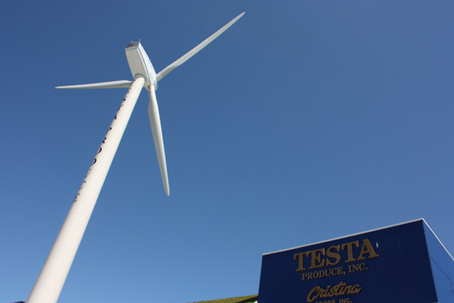 Big wind turbine at the Testa Produce facility on Chicago\'s South Side near 47th and Racine.