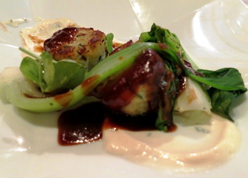 Appetizer: Szechuan blue crab cakes with grilled bok choy, soy mayo, and hoisin glaze.