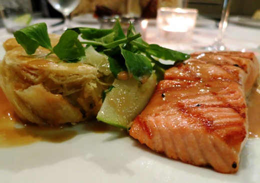Entree: The grilled \<a href=\"http://www.lochduart.com/\"\>Loch Duart\<\/a\> salmon with a pear-kohlrabi savory tart and apple cider nage.