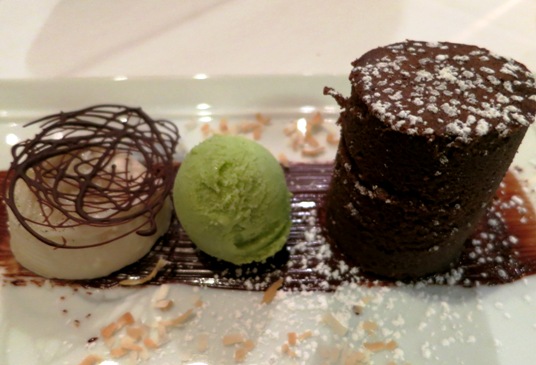Dessert: Chocolate pudding cake with sage ice cream and vanilla panna cotta