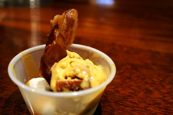 Sweet potato ice cream with candied bacon, bourbon caramel sauce and marshmallows by Victoria Kent and Catherine Wyiner