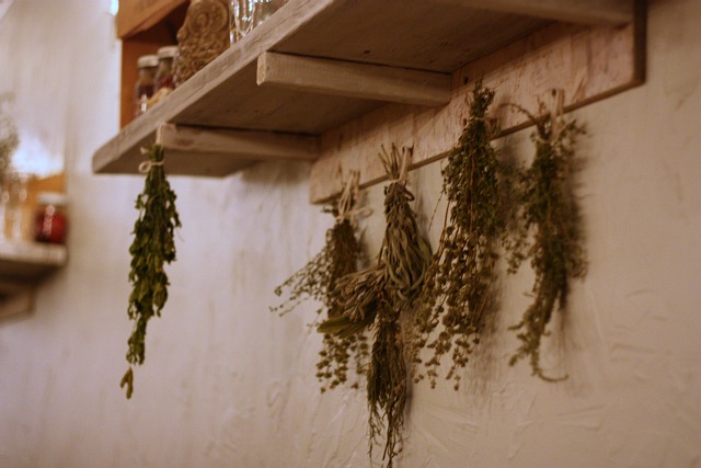 Herbs on the wall of the dining room.