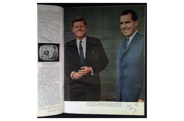 Here is my historic debate frame, showing Nixon\'s ill-chosen blue colored suit that would look so dead on black-and-white TV (then still a viewer factor) and make Nixon look embalmed. This was the first TV debate on which style points were awarded, giving JFK the edge.\r\n