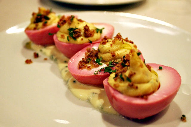 beet-pickled deviled eggs with creme fraiche