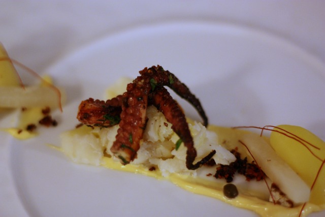 Seared octopus, spanner crab, spicy mayo, pickled kohlrabi, chorizo, potato and pepper threads.