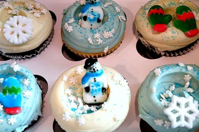 assorted winter-themed cupcakes