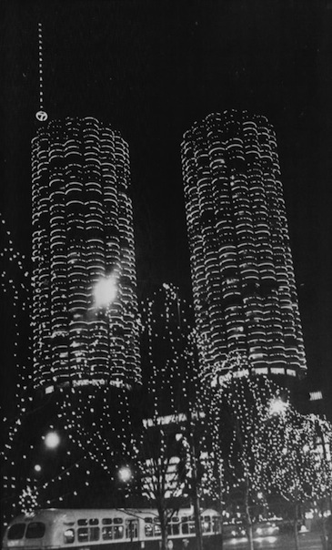 Marina City decorated for Christmas, 1965, Chicago.
