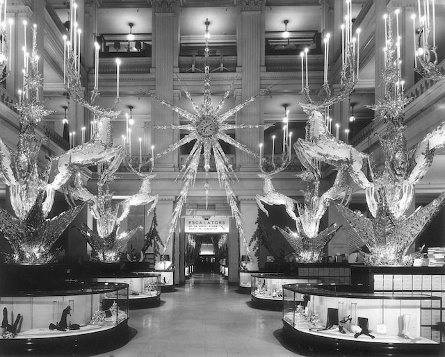 The main floor at Marshall Fieldâs, decorated for the holidays, 1941, Chicago.