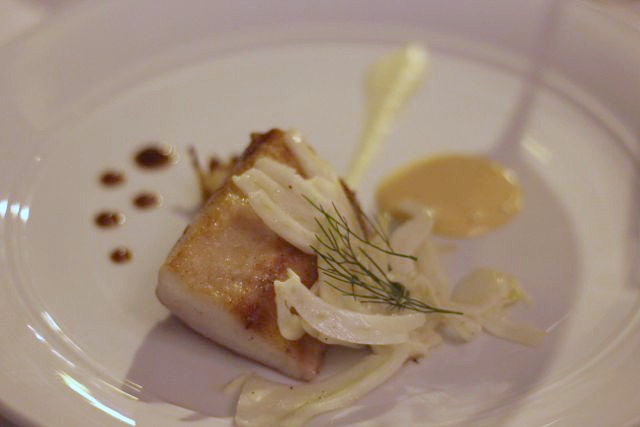 Third course: Cobia with licorice root, charred fennel, and blood-orange sabayon.