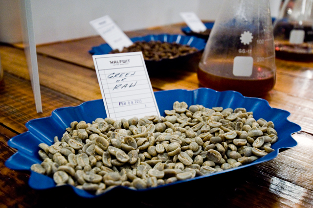 Coffee beans, green and raw.