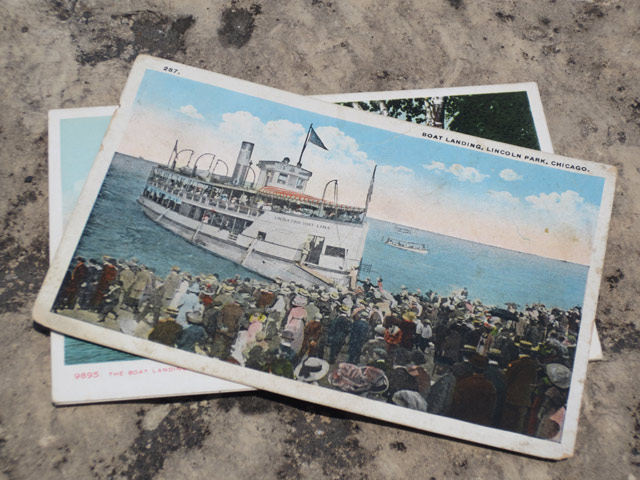Greg Lane carries postcard images of the Silver Spray.