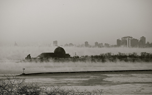 Adler Planetarium swathed in ice and cold.