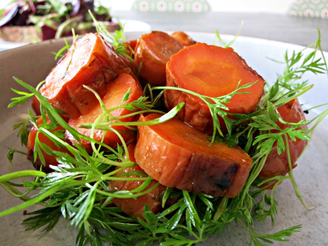 roasted carrot tops with kefir and elderflower