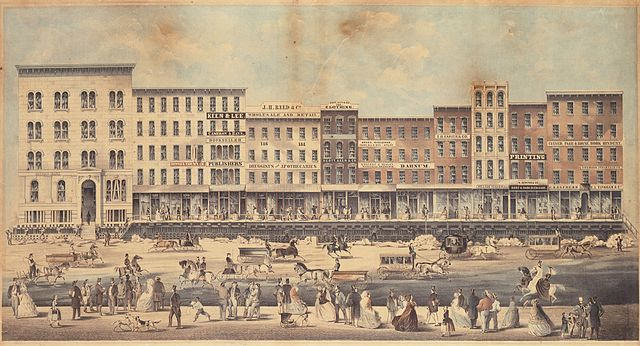 \"Raising a block of buildings on Lake Street\" in 1860.